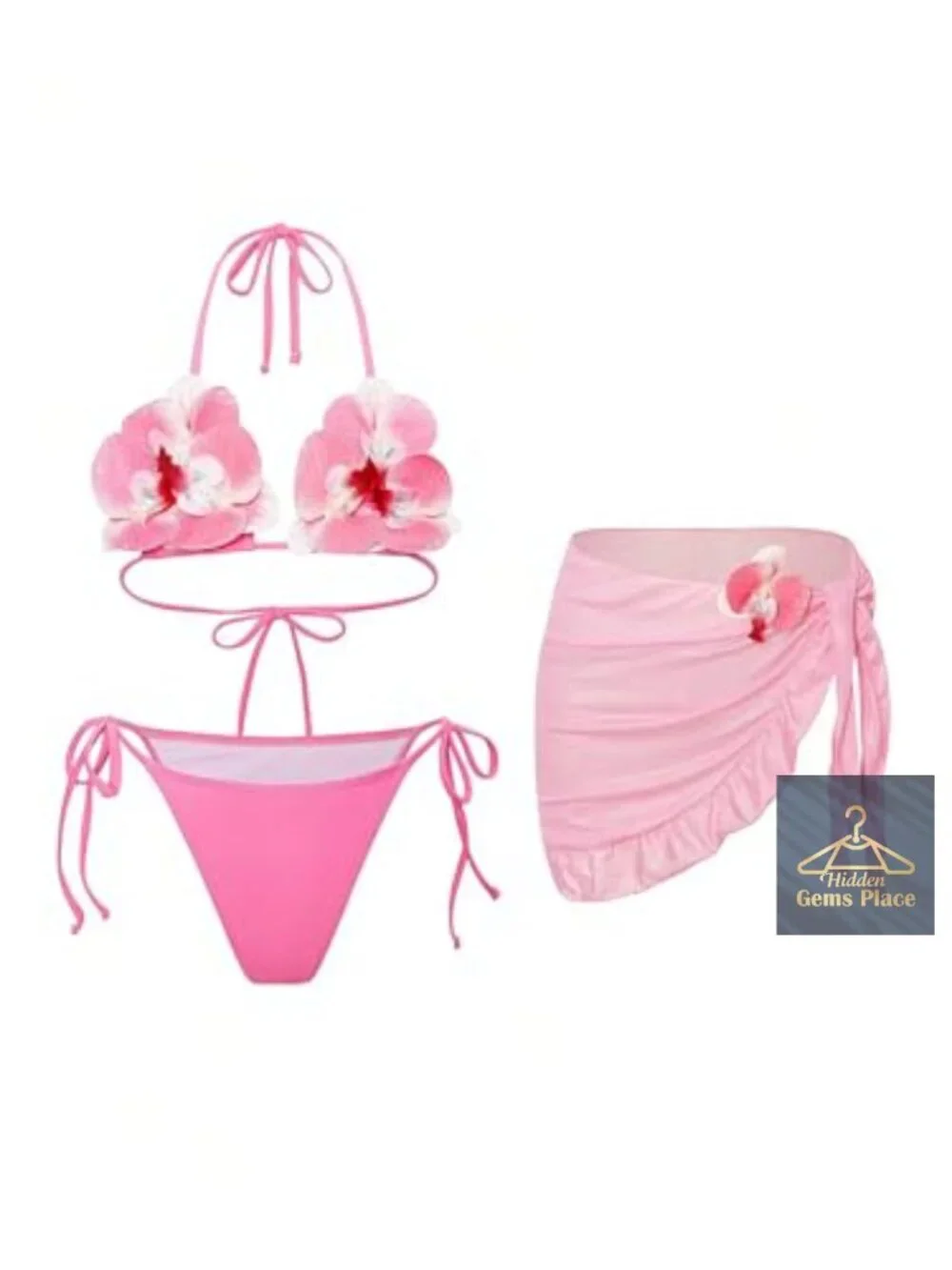 Sexy Halter Bikini Set with Sarong Wrap Skirt, Polyester, Adjustable Straps,